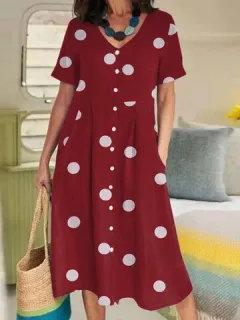 V Neck Pocket Polka Dot Print Dress