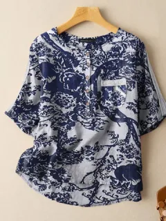 Algodón Planta Blusa con botones estampados