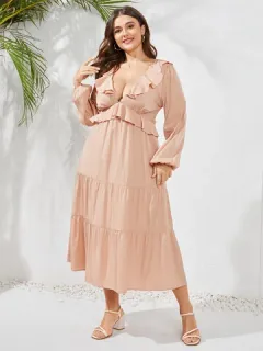 Plus Size Ruffle Trim Deep V Neck Dress