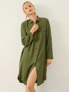 Solid Long Sleeve Shirt Dress