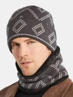 Hombres 2PCS Plus Terciopelo grueso Bufanda de invierno de punto Sombrero Gorro