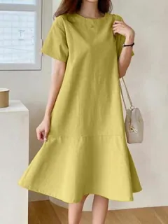 Solid Ruffle Casual Cotton Midi Dress