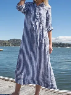 Medio botón a rayas Camisa Vestido