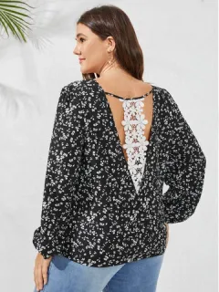 Blusa con lunares en la espalda con empalme de encaje de talla grande