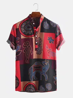 Tótem étnico tribal africano de algodón estampado Henley Camisa