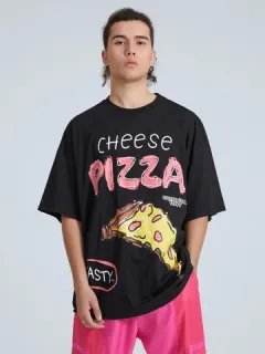 Camiseta holgada con estampado de letras de pizza de dibujos animados para hombre