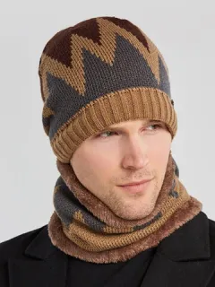 Hombres 2PCS Plus Terciopelo Grueso Bufanda de invierno Punto Sombrero Gorro