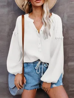 Blusa con cuello en V y manga linterna sólida