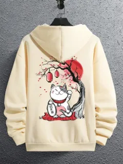 Sudaderas con capucha con estampado trasero Lucky Gato japonesas