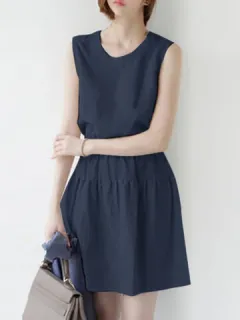 Plain Pleated Cotton Sleeveless Dress