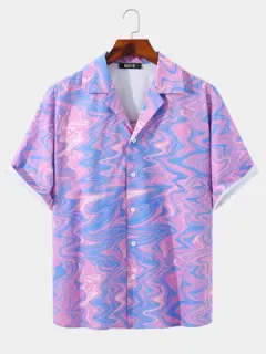 Hombres Estampado abstracto Hit Color Revere Collar Cool Camisa