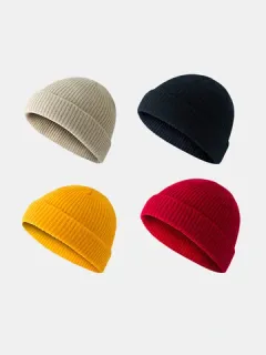 Lana de punto de color liso Sombrero Cráneo Gorras Beanie Brimless Sombreros