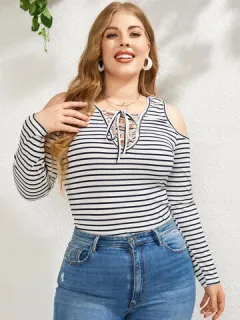 Plus Size Striped Lace-up T-shirt