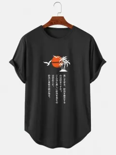 Camisetas con dobladillo curvo de paisaje japonés