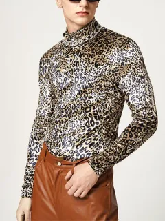 Mens High Neck Leopard Print Velvet T-shirt