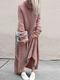 High Neck Solid Fleece Dress