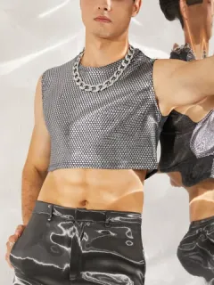 Men's Shiny Silver Back Mesh Crop Top