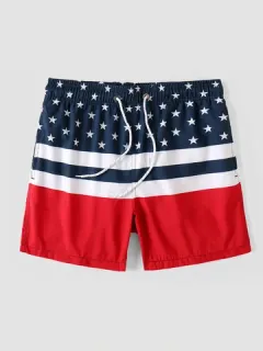 Shorts de playa con múltiples bolsillos y estampado de banderas