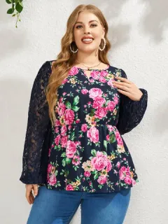 Blusa de manga de encaje floral de talla grande