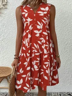 Estampado de hojas Escalonado Sin mangas Vestido