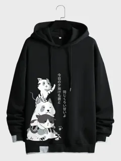 Contrast Hoodies with Japanese Cat Print