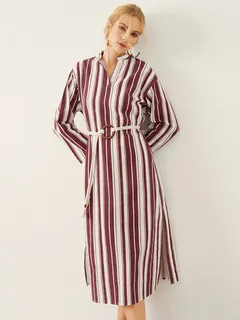 Stripe Pattern Double Slit Hem Dress