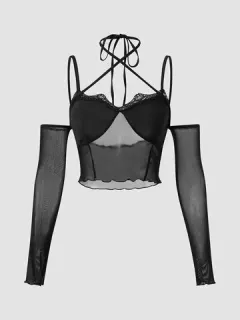 Mesh Crop Top with Guipure Lace