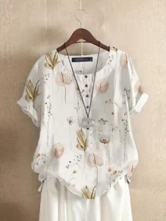 Floral Planta Blusa de medio botón