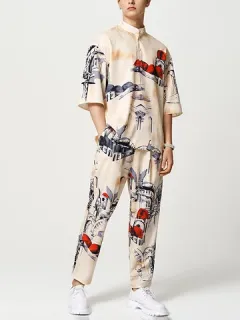 Printed Pocket Half Sleeve 2 Piece Suit