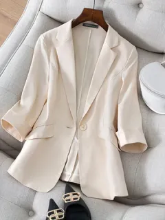 Blazer de solapa de manga 3/4 con bolsillo liso