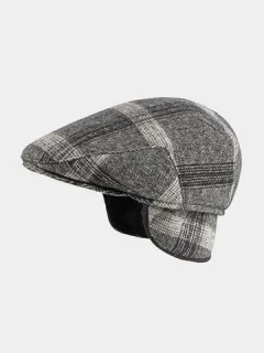 Hombre Felt Oreja Protection Plaid Patrón Boina Sombrero Gorra plana