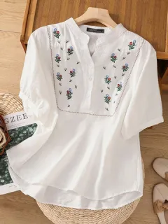 Stand Collar with Floral Embroidery Shirt