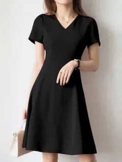 Solid A-Line Short Sleeve Dress