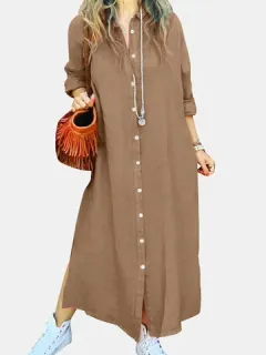 Plain Loose Slit Hem Shirt Dress