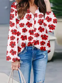 Blusa de vacaciones con cuello en V y estampado floral