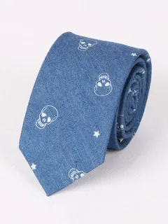 Men's Cotton Denim Ties Groom Skull Fish Bone Pattern Narrow Neck Ties Party Necktie