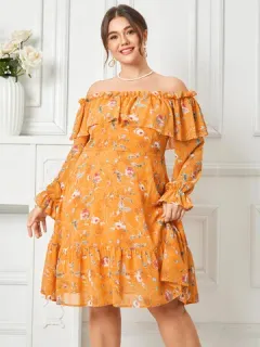 Estampado floral con hombros descubiertos de talla grande Vestido