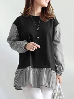 Striped Patchwork Round Neck Blouse Collar