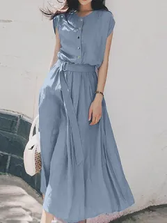 Solid Button Front Belt Dress