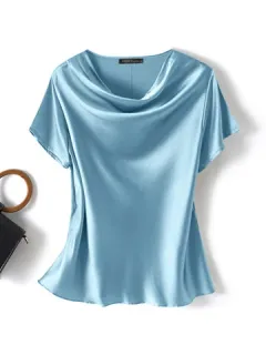 Blusa de satén con cuello vuelto liso Cuello