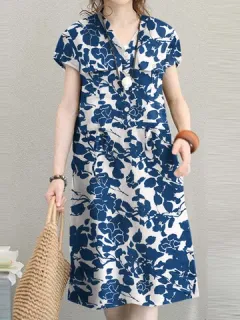 Allover Flower Print Drawstring Dress