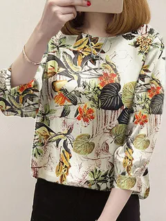 Blusa de manga 3/4 con estampado de plantas por toda la prenda