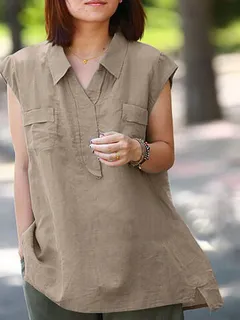 Solid Lapel Cap Sleeve Blouse