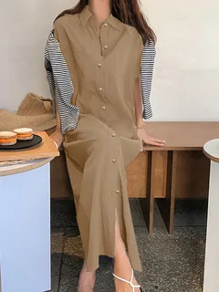 Sólido Ranura Maxi Camisa Vestido