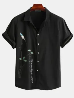 Solapa Estampado Pájaro Árbol Camisa