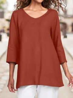 Blusa de algodón lisa con cuello redondo Cuello