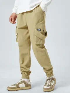 Mens Solid Color 100%Cotton Drawstring Waist Cargo Pants