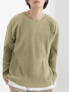 Mens Pleated Round Neck Long Sleeve T-Shirt