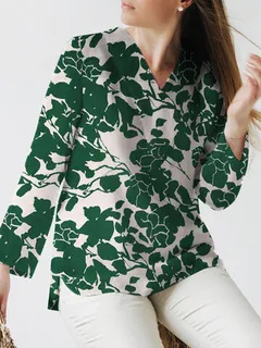 Plants Pattern Slit Hem Blouse