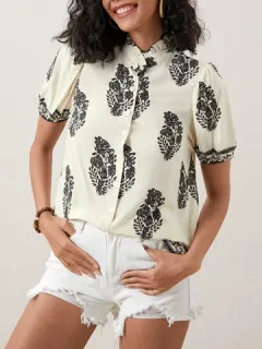 Leaf Print Stand-Neck Blouse